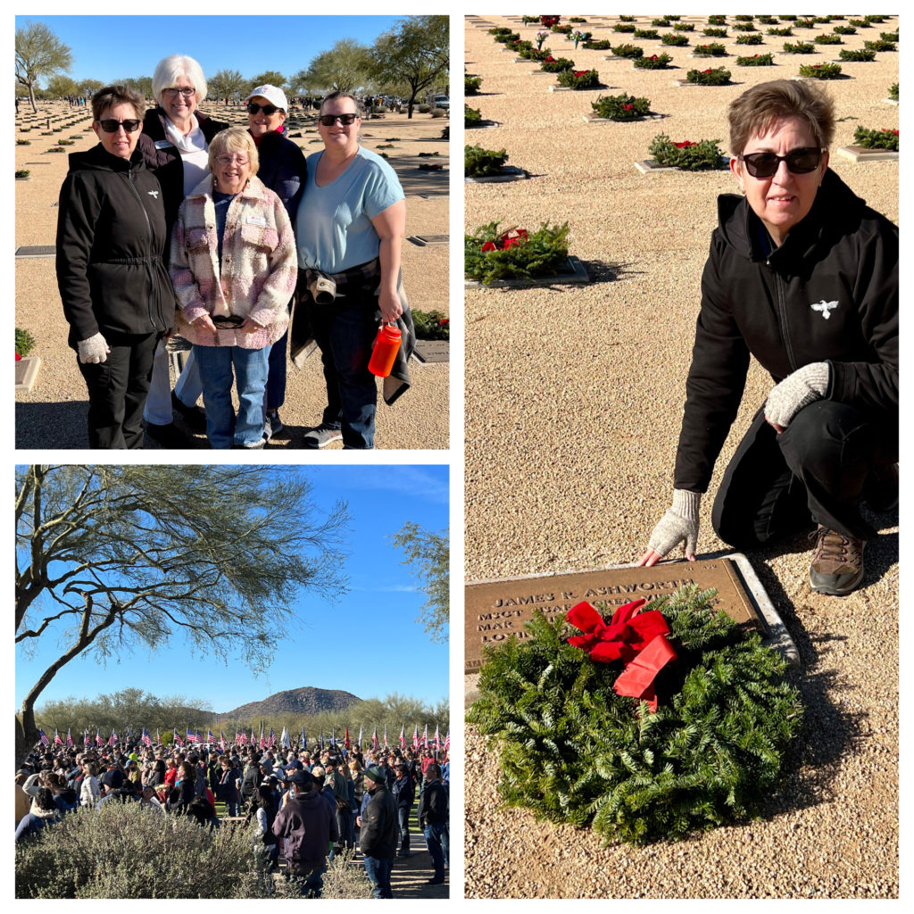 Placing wreaths at veteran gravesites by participating in Wreaths Across America.